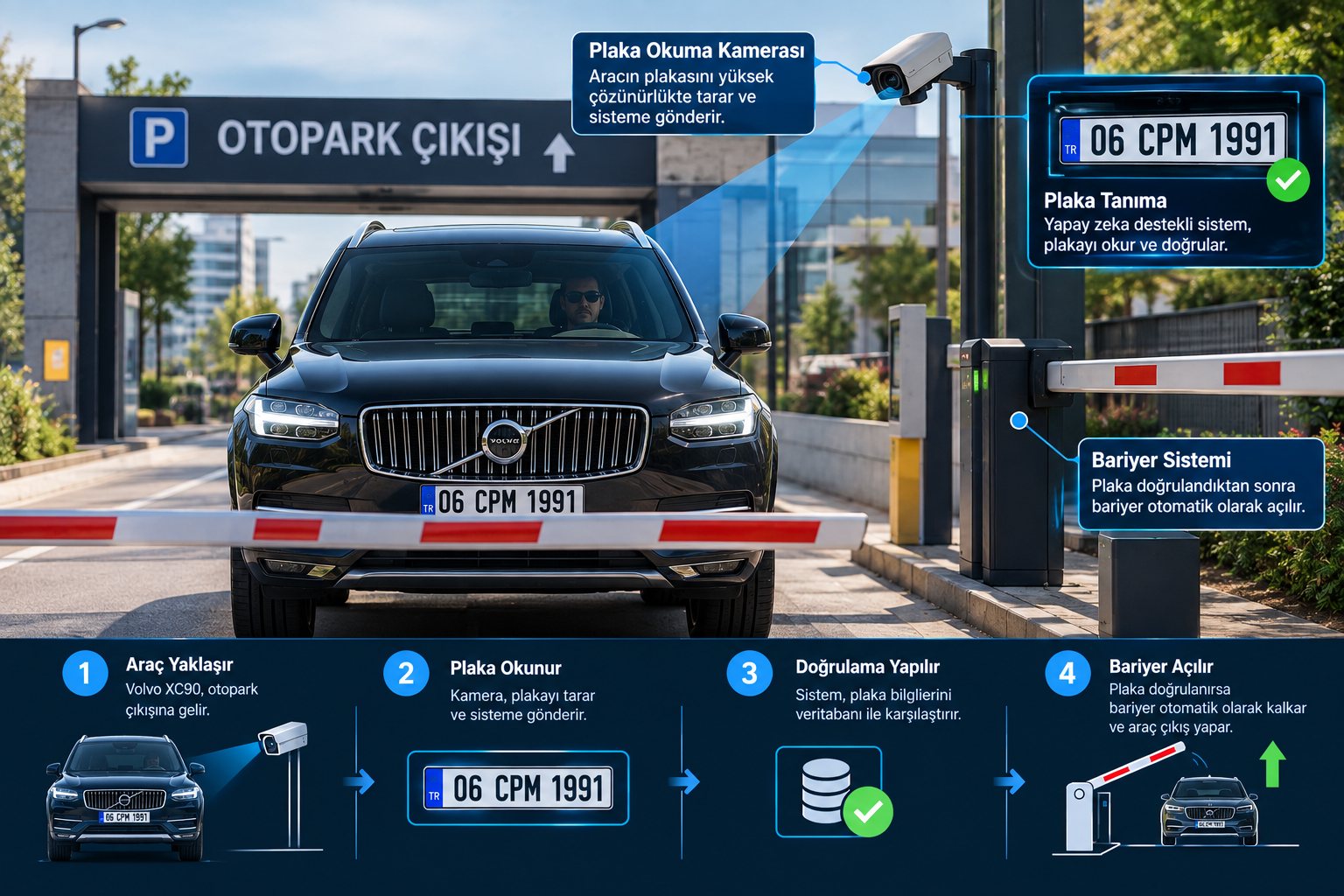 Otopark çıkışında plaka tanıma ve bariyer akışı