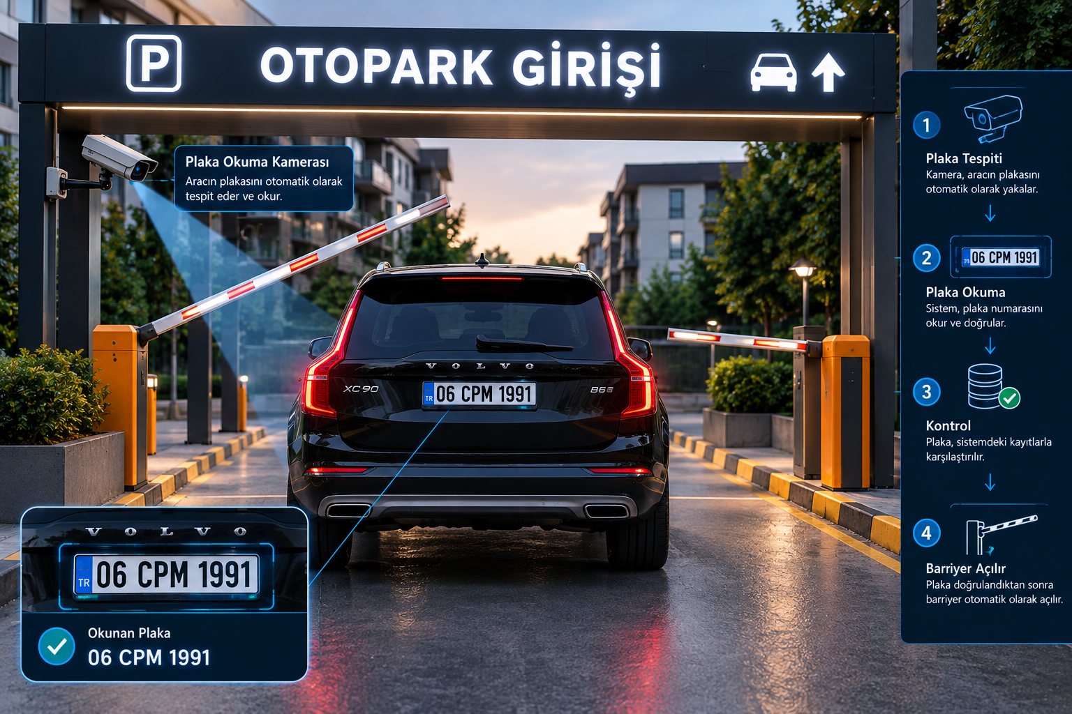 Otopark girişinde plaka tanıma ve bariyer akışı